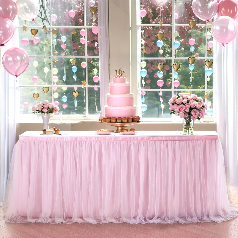 NSSONBEN 167in Baby Pink Tulle Table Skirts for Rectangle Tables 4ft 6ft 8ft, 2-Layer 14 ft Long Gold Grim Princess Pink Ruffle Tulle Tutu Table Skirt Cloth for Girl Birthday Baby Cake Dessert(No Table Cover) - Image 2